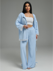 Изображение товара «Женский костюм (блузка+брюки) из трикотажа вафли «Купава [небесный]» арт 89408» из магазина «Ивановский-Текстиль.РФ»