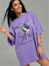 Изображение товара «Женская футболка из кулирки пенье «Амина [лиловый птички]» арт 84788» из магазина «Ивановский-Текстиль.РФ»