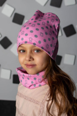 Изображение товара «Комплект головных уборов для ребенка (шапка+снуд) из рибаны «Горох розовый» арт 73695» из магазина «Ивановский-Текстиль.РФ»