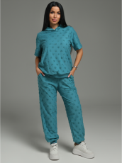 Изображение товара «Женский костюм (футболка+брюки) из махры жаккард «Суфле [сердца петроль]» арт 84350» из магазина «Ивановский-Текстиль.РФ»