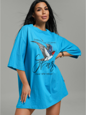 Изображение товара «Женская футболка из кулирки пенье «Амина [бирюза птички]» арт 84787» из магазина «Ивановский-Текстиль.РФ»