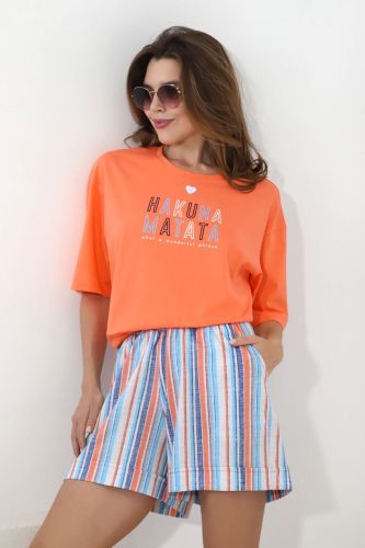 Изображение товара «Женский костюм (футболка+шорты) из кулирки пенье «Владислава-2 [оранжевый]» арт 83331» из магазина «Ивановский-Текстиль.РФ»