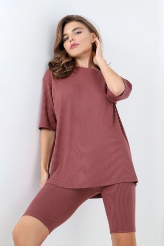Изображение товара «Женский костюм (футболка+леггинсы) из фактурного трикотажа «Абрис-2 [коричневый]» арт 84379» из магазина «Ивановский-Текстиль.РФ»