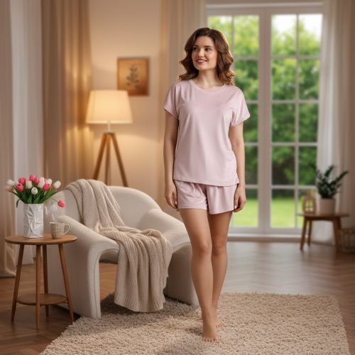 Изображение товара «Женский костюм (футболка+шорты) из стрейч-велюра «Вб-5 [пудровый]» арт 87814» из магазина «Ивановский-Текстиль.РФ»