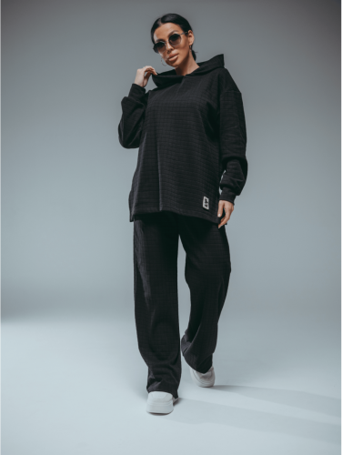 Изображение товара «Женский костюм (худи+брюки) из рибаны с лайкрой «Соната [черный]» арт 86344» из магазина «Ивановский-Текстиль.РФ»