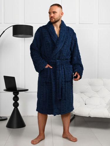Изображение товара «Мужской халат (на запах с поясом) из велсофта «Идеал-3 [синий]» арт 85677» из магазина «Ивановский-Текстиль.РФ»