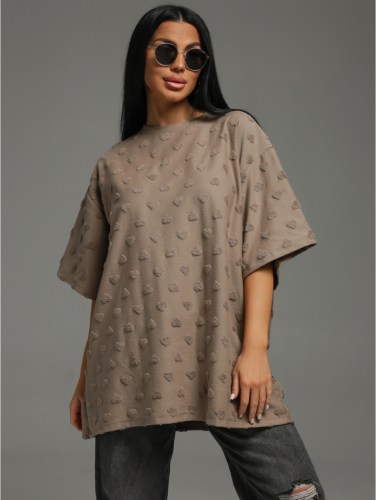 Изображение товара «Женская футболка из махры жаккард «Ирбис [сердца кофе]» арт 82573» из магазина «Ивановский-Текстиль.РФ»