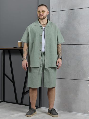 Изображение товара «Мужской костюм (рубашка+шорты) из фактурного полотна «Аристократ-2 [хвойный меланж]» арт 89908» из магазина «Ивановский-Текстиль.РФ»