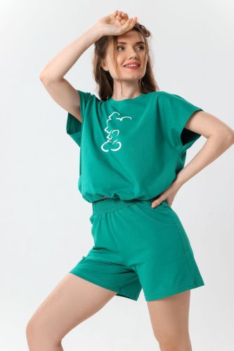 Изображение товара «Женский костюм (футболка+шорты) из кулирки с лайкрой «Эталон-2 [зеленый]» арт 72882» из магазина «Ивановский-Текстиль.РФ»