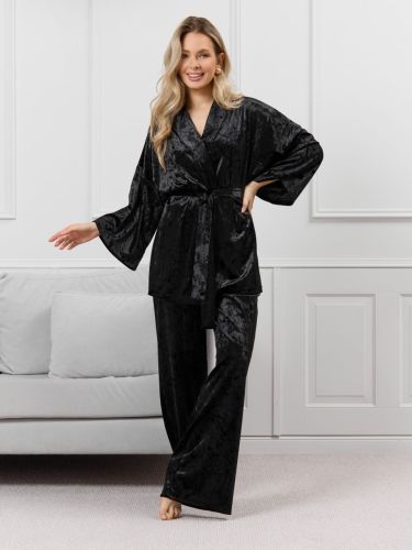Изображение товара «Женский костюм (кимоно+брюки) из стрейч-велюра «Мерцание-2 [черный]» арт 87388» из магазина «Ивановский-Текстиль.РФ»