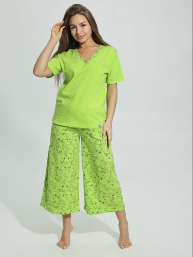 Изображение товара «Посл размер Женская пижама (футболка+кюлоты) из кулирки пенье «Мурка [салатовый]» арт 87173» из магазина «Ивановский-Текстиль.РФ»