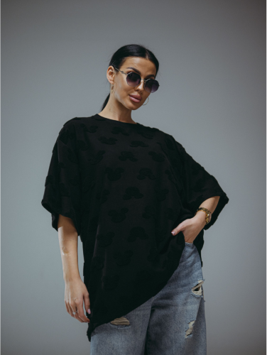 Изображение товара «Женская футболка из махры жаккард «Ирбис [черный микки]» арт 85876» из магазина «Ивановский-Текстиль.РФ»