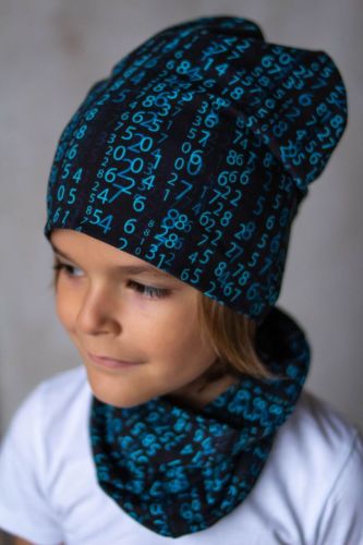 Изображение товара «Комплект головных уборов для ребенка (шапка+снуд) из кулирки с лайкрой «Матрица синий» арт 73683» из магазина «Ивановский-Текстиль.РФ»