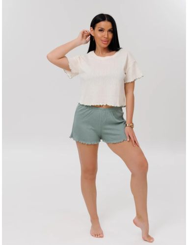 Изображение товара «Женская пижама (футболка+шорты) из трансферной рибаны «П-114 (Трн) (зеленый)» арт 87927» из магазина «Ивановский-Текстиль.РФ»