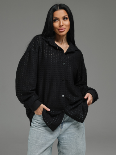 Изображение товара «Женская рубашка из футера 3х нитки петли жаккарда «Стелла [черный]» арт 87536» из магазина «Ивановский-Текстиль.РФ»