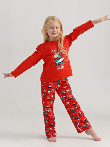 Изображение товара «Пижама для девочки (футболка+брюки) из кулирки «Все будет! 2264-К (красный)» арт 78444» из магазина «Ивановский-Текстиль.РФ»