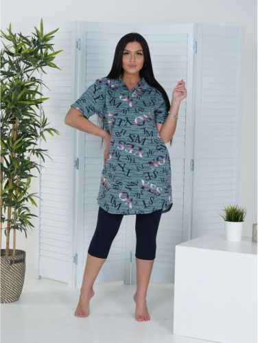 Изображение товара «Женский костюм (туника+бриджи) из кулирки «Фемина [зеленые буквы]» арт 71704» из магазина «Ивановский-Текстиль.РФ»