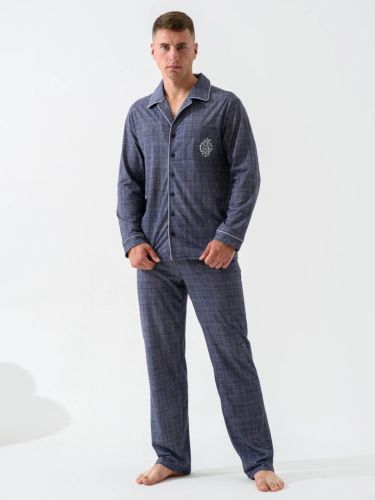 Изображение товара «Мужская пижама (рубашка+брюки) из кулирки с полиэстером «Вояж 1728-к (синий)» арт 86545» из магазина «Ивановский-Текстиль.РФ»