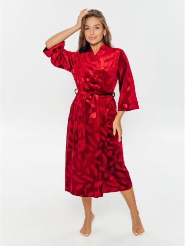 Изображение товара «Женский халат (на запах с поясом) из бархата «Топаз [перья бордо]» арт 84681» из магазина «Ивановский-Текстиль.РФ»