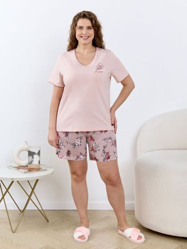 Изображение товара «Женская пижама (футболка+шорты) из кулирки пенье «Айрис-2 [пудровый]» арт 88125» из магазина «Ивановский-Текстиль.РФ»