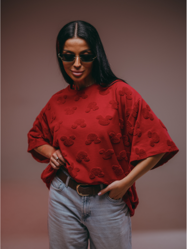 Изображение товара «Женская футболка из махры жаккард «Ирбис [микки бордо]» арт 85728» из магазина «Ивановский-Текстиль.РФ»