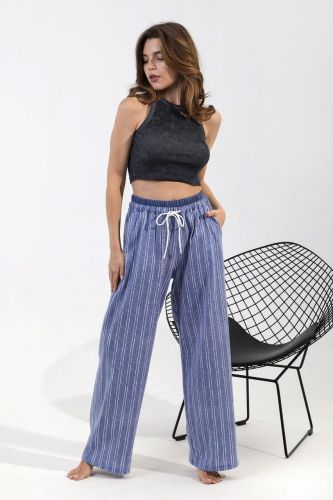 Изображение товара «Женские брюки из кулирки «Полоса-1 [синий]» арт 84220» из магазина «Ивановский-Текстиль.РФ»