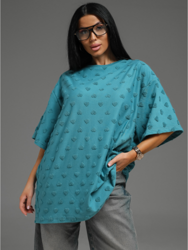 Изображение товара «Женская футболка из махры жаккард «Ирбис [сердца петроль]» арт 83623» из магазина «Ивановский-Текстиль.РФ»