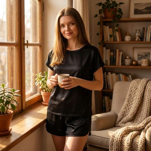 Изображение товара «Женский костюм (футболка+шорты) из стрейч-велюра «Вб-5 [черный]» арт 87813» из магазина «Ивановский-Текстиль.РФ»