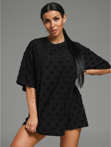 Изображение товара «Женская футболка из махры жаккард «Ирбис [сердца черный]» арт 84094» из магазина «Ивановский-Текстиль.РФ»