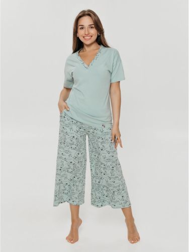Изображение товара «Женская пижама (футболка+кюлоты) из кулирки пенье «Мурка [серо-голубой]» арт 84679» из магазина «Ивановский-Текстиль.РФ»