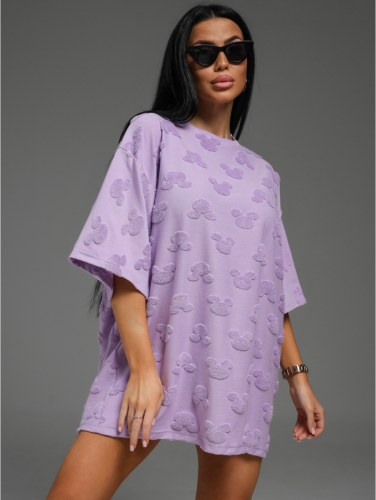 Изображение товара «Женская футболка из махры жаккард «Ирбис [микки лиловый]» арт 83617» из магазина «Ивановский-Текстиль.РФ»