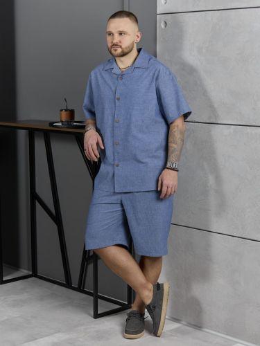 Изображение товара «Мужской костюм (рубашка+шорты) из фактурного полотна «Аристократ-2 [джинсовый меланж]» арт 89909» из магазина «Ивановский-Текстиль.РФ»