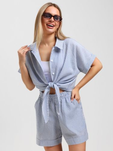 Изображение товара «Женский костюм (рубашка+шорты) из плательной ткани «Валерия-1 [голубой]» арт 85039» из магазина «Ивановский-Текстиль.РФ»