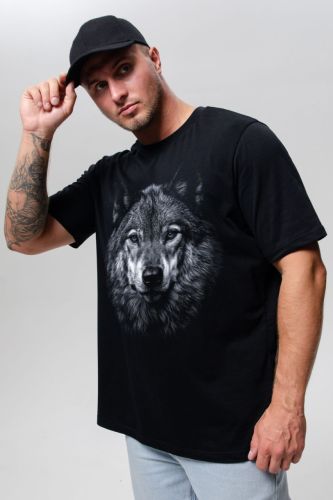Изображение товара «Мужская футболка из кулирки «8500/1 [черный+волк]» арт 94783» из магазина «Ивановский-Текстиль.РФ»