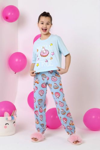 Изображение товара «Пижама для девочки (футболка+брюки) из кулирки «Единопончик-2 [голубой]» арт 81128» из магазина «Ивановский-Текстиль.РФ»